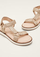 Leather Weave Velcro Sandal - Gold