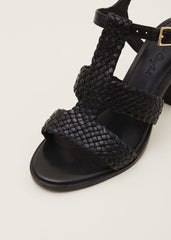 Plaited T Bar Heeled Sandal Shoe - Black