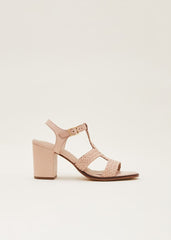 Plaited T Bar Heeled Sandal Shoe - Tan