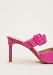 Suede Buckle Backless Heel - Neon Pink