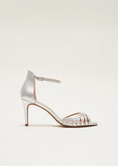 Silver Leather Open Toe Heels - Silver