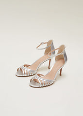 Silver Leather Open Toe Heels - Silver