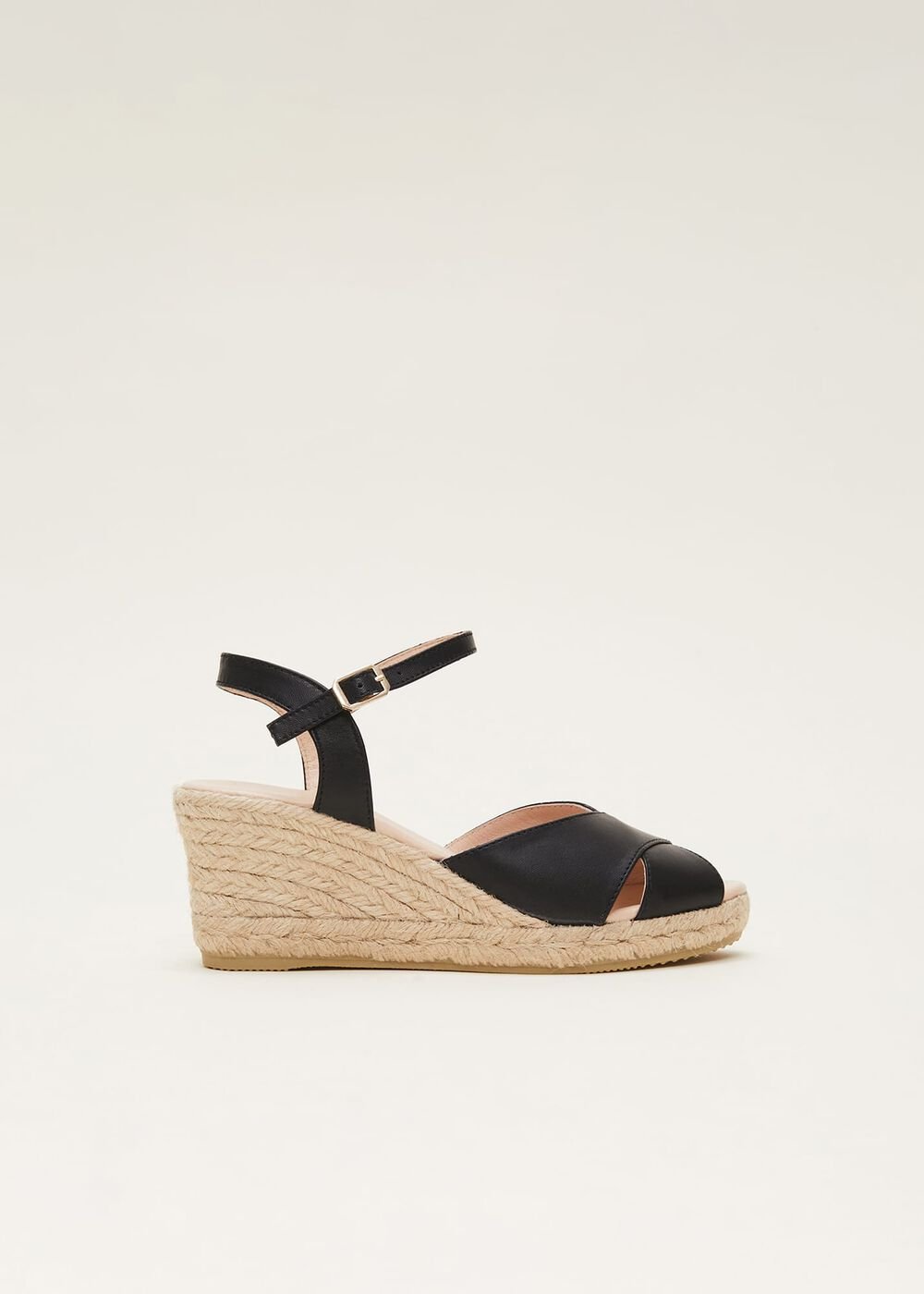 Leather Cross Front Espadrilles - Black
