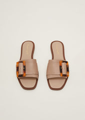 Leather Buckle Flat Sandals - Neutral