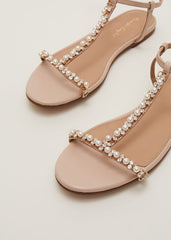 Leather Jewel Trim Flat Sandal - Neutral