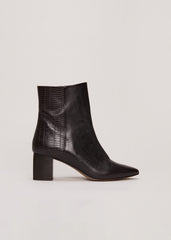 Black Leather Croc Print Ankle Boots - Brown