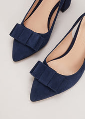 Bow Front Slingback Block Heel Shoes - Navy