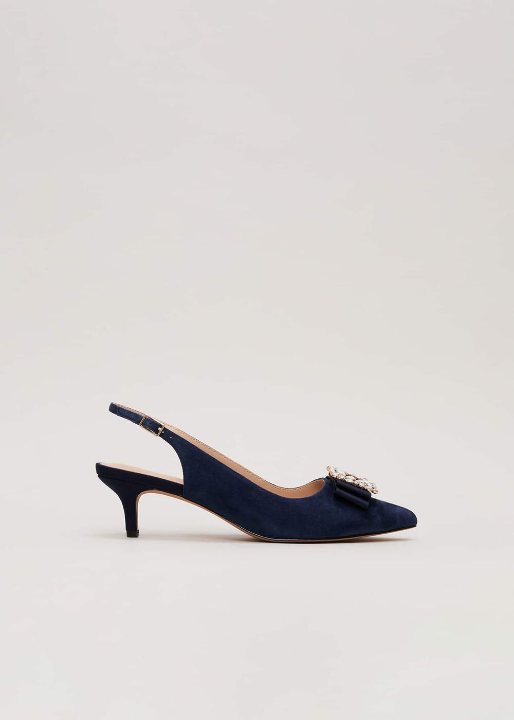Suede Embellished Kitten Heel - Navy