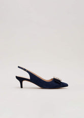Suede Embellished Kitten Heel - Navy