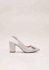 Embellished Bow Block Heel Slingback - Silver