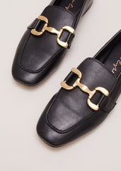 Black Leather Flat Loafers - Black