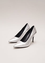 Silver Leather Pointed Court Shoes - Silver