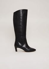 Black Leather Kitten Heel Knee Boot - Black