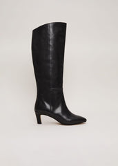 Black Leather Kitten Heel Knee Boot - Black