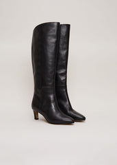 Black Leather Kitten Heel Knee Boot - Black