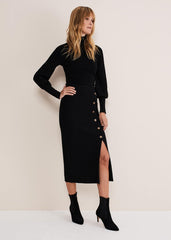 Irina Ribbed Button Detail Knit Skirt - Black
