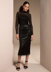 Mauve Black Mesh Sequin Midi Skirt - Black