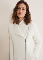 Fia Fluffy Zip Knit Coat - Winter White