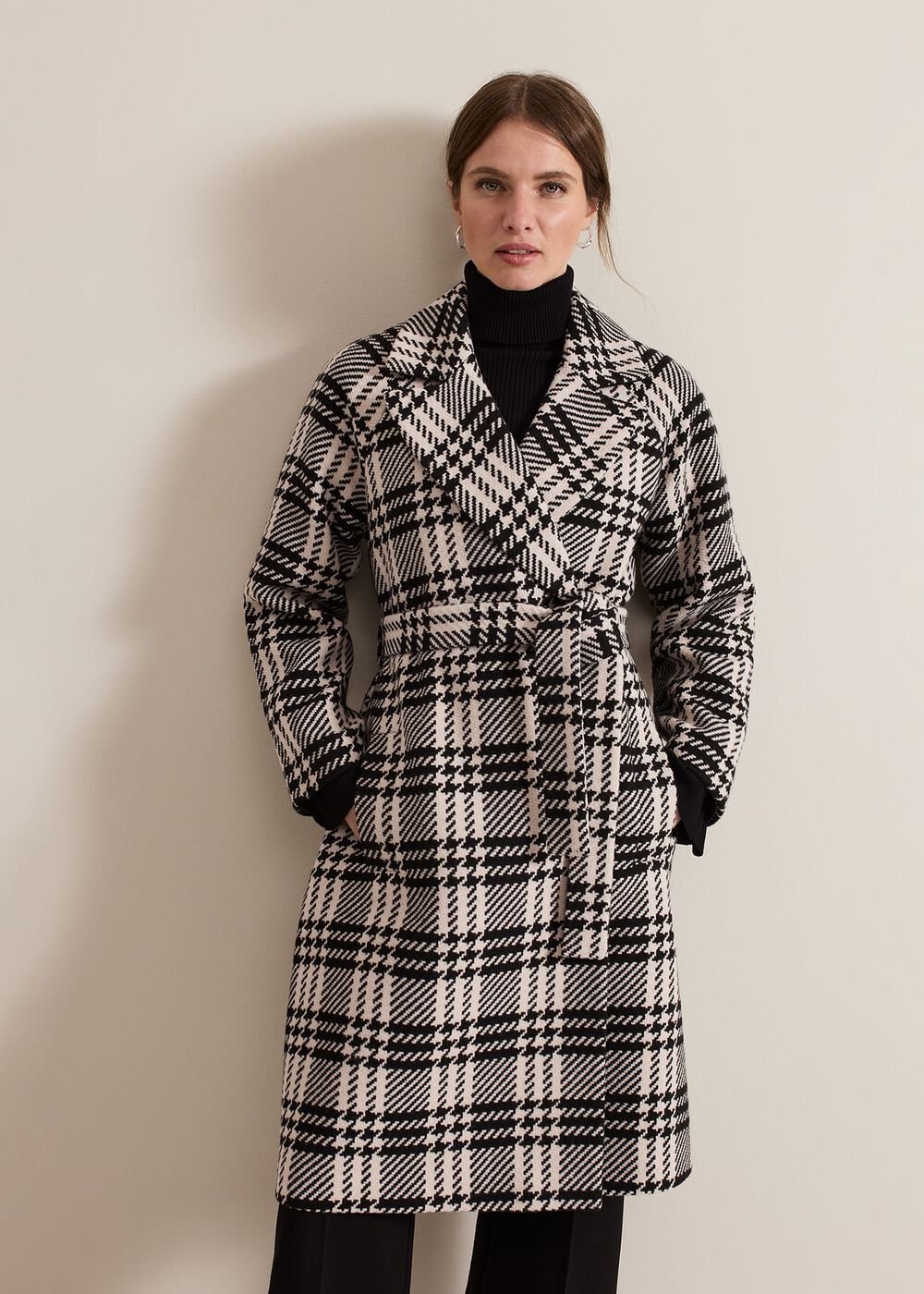 Petite Cassie Check Wool Wrap Coat - Black/Ivory