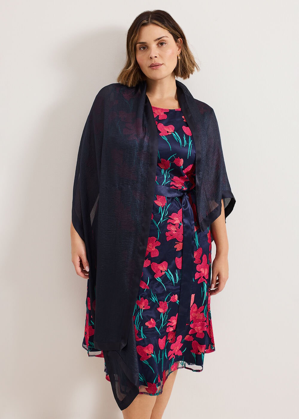 Satin Trim Scarf - Navy
