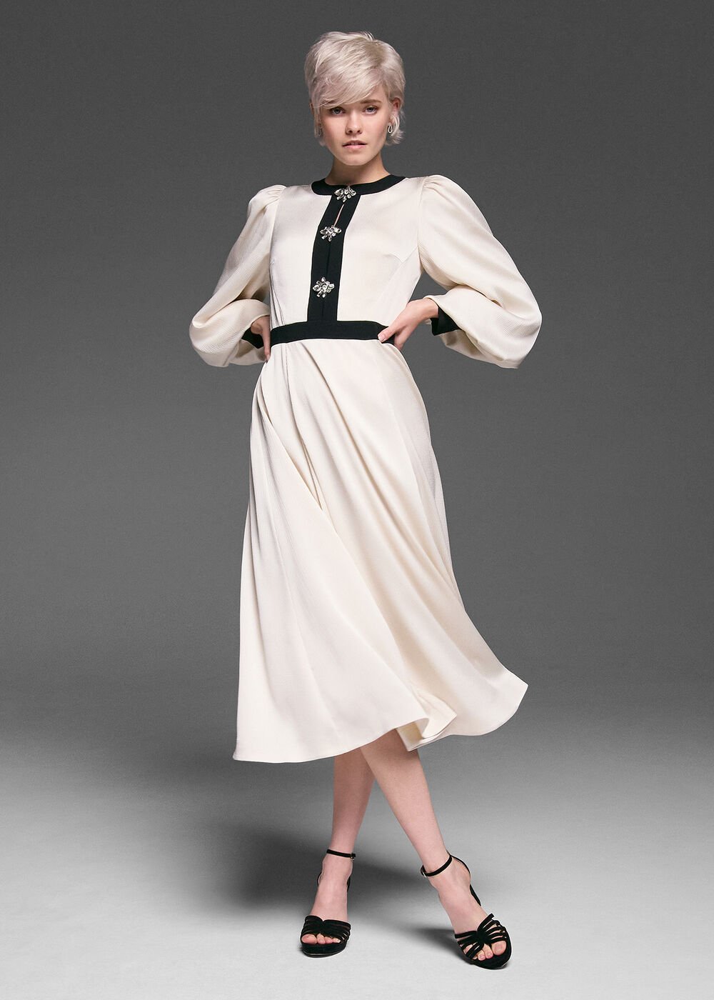 Elizabeth Embellished Puff Sleeve Midi Dress - Black/Ivory