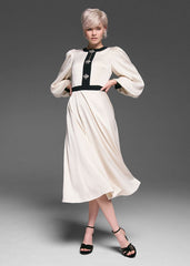 Elizabeth Embellished Puff Sleeve Midi Dress - Black/Ivory