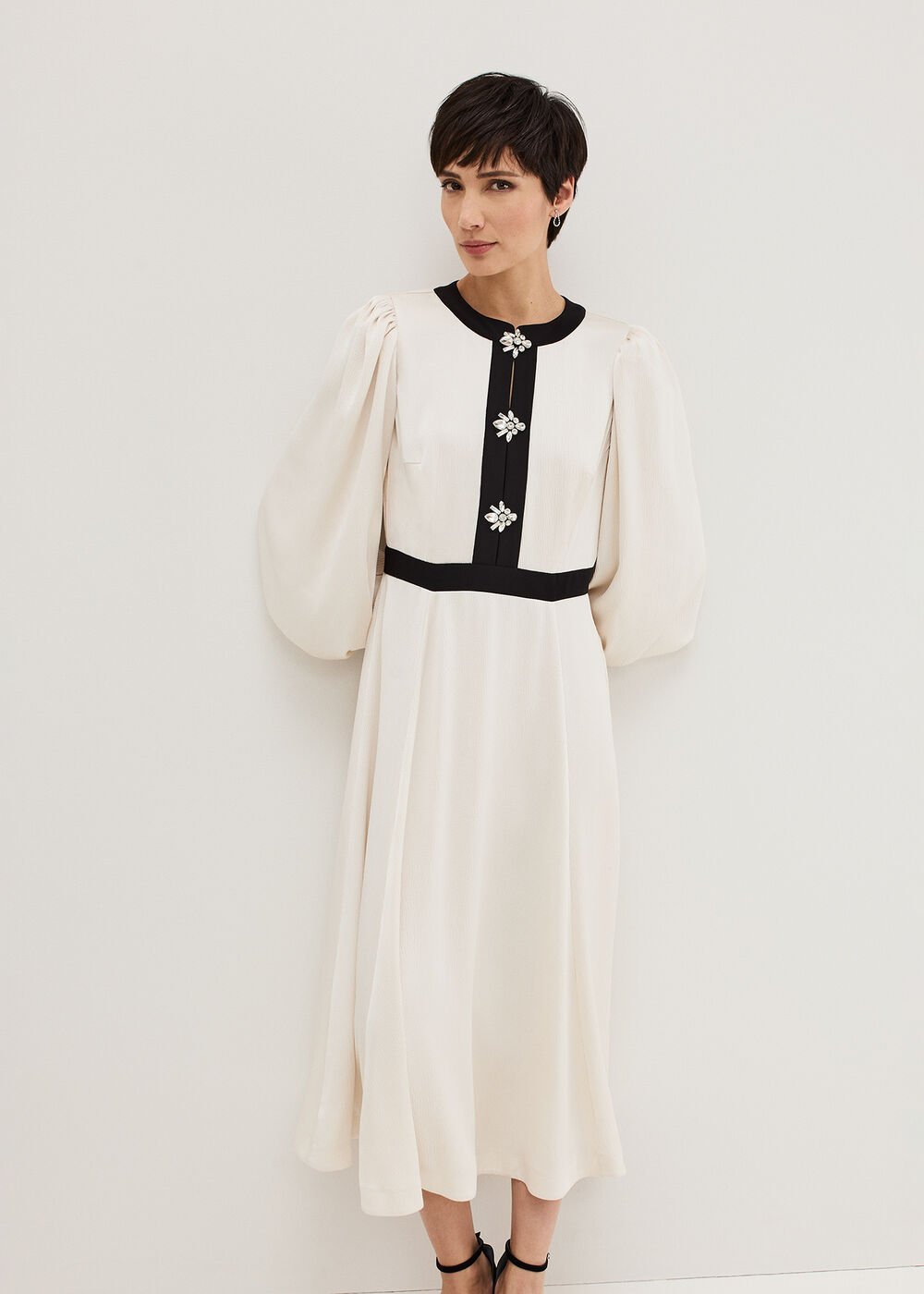 Elizabeth Embellished Puff Sleeve Midi Dress - Black/Ivory