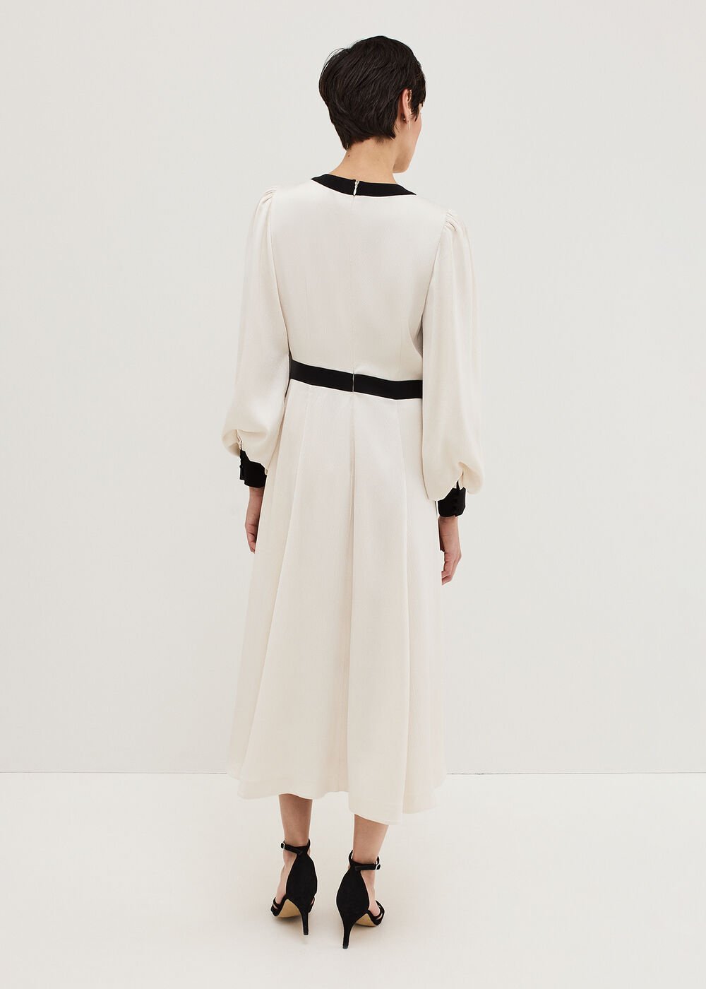 Elizabeth Embellished Puff Sleeve Midi Dress - Black/Ivory