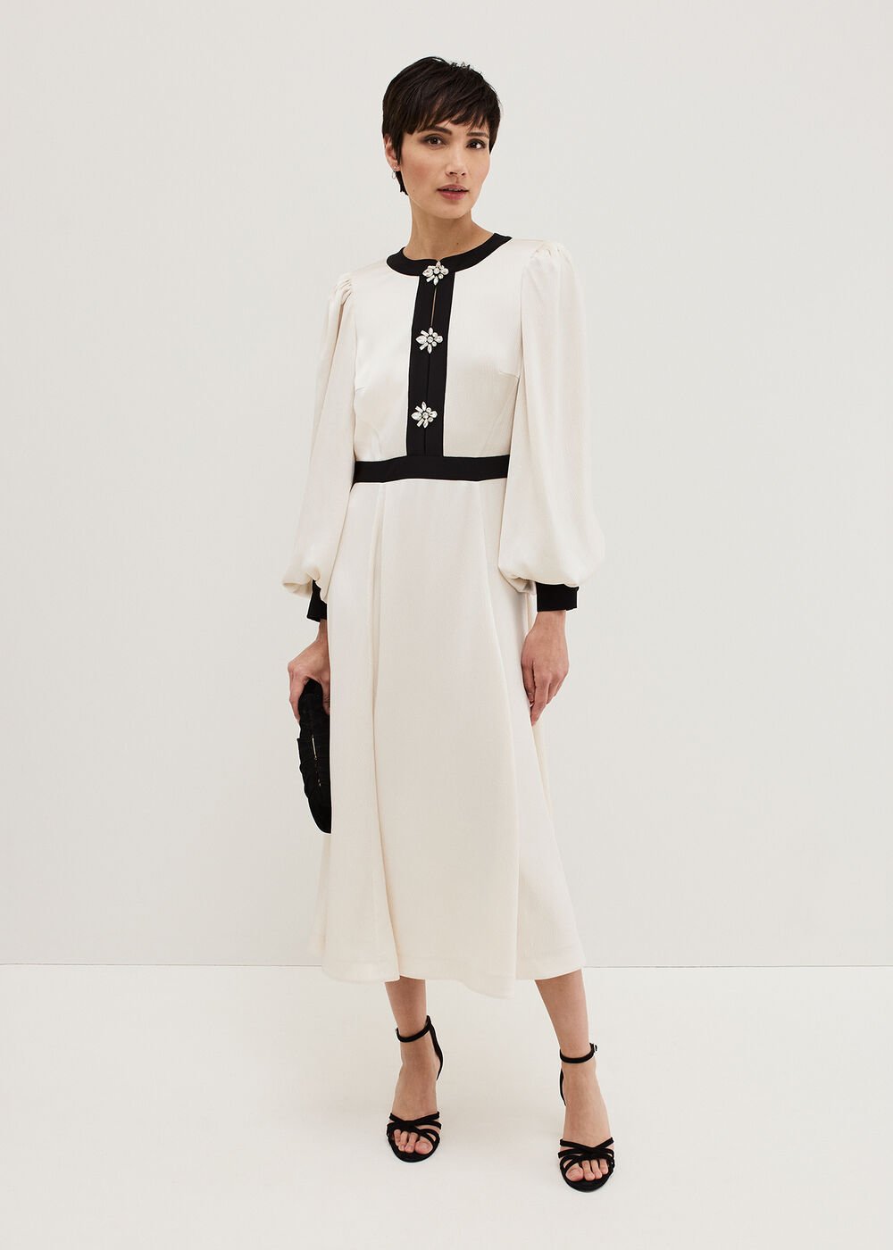 Elizabeth Embellished Puff Sleeve Midi Dress - Black/Ivory