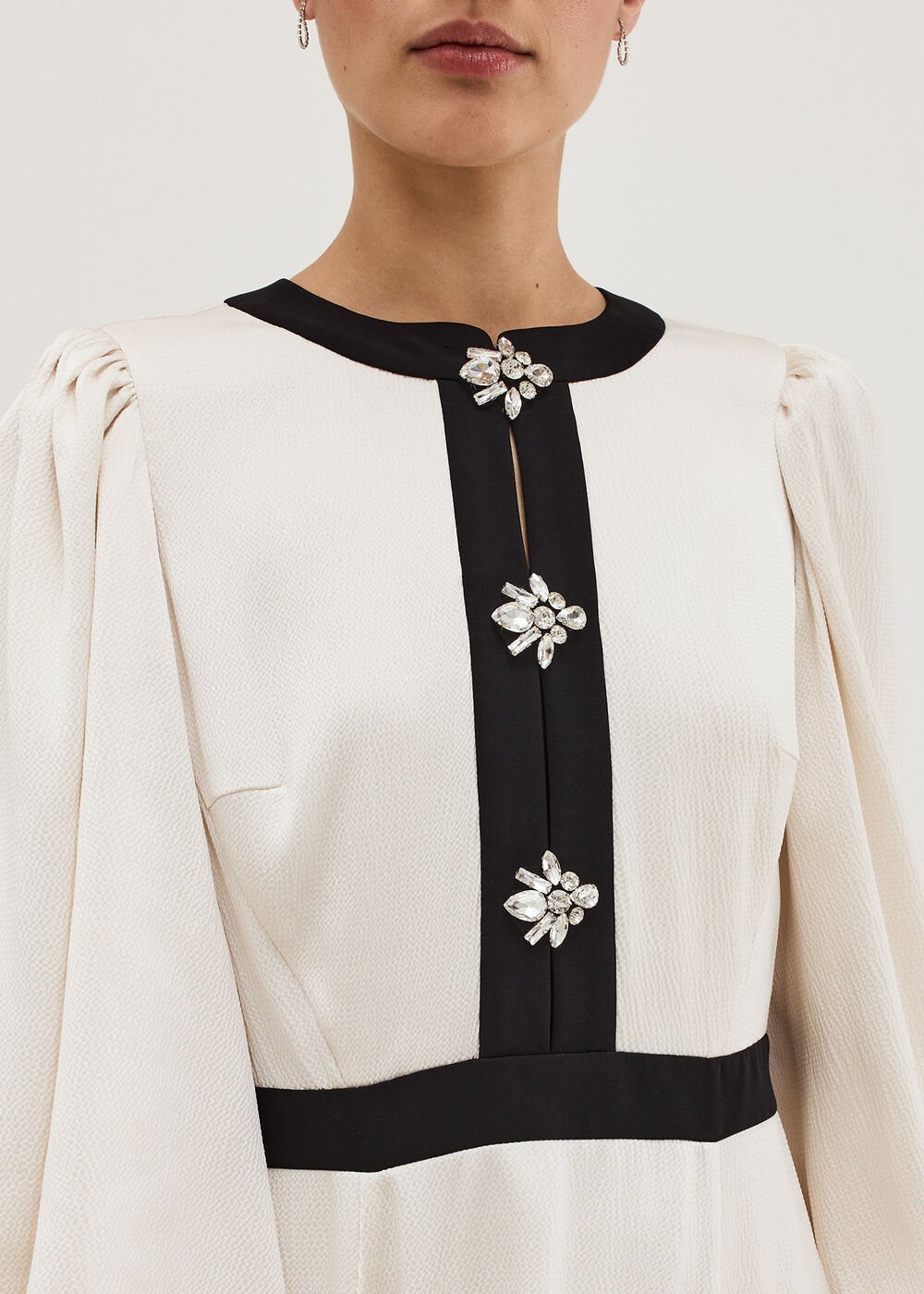 Elizabeth Embellished Puff Sleeve Midi Dress - Black/Ivory