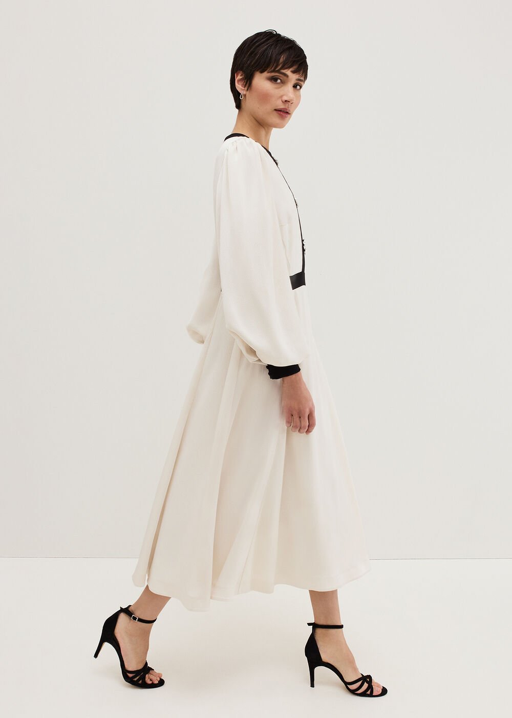 Elizabeth Embellished Puff Sleeve Midi Dress - Black/Ivory