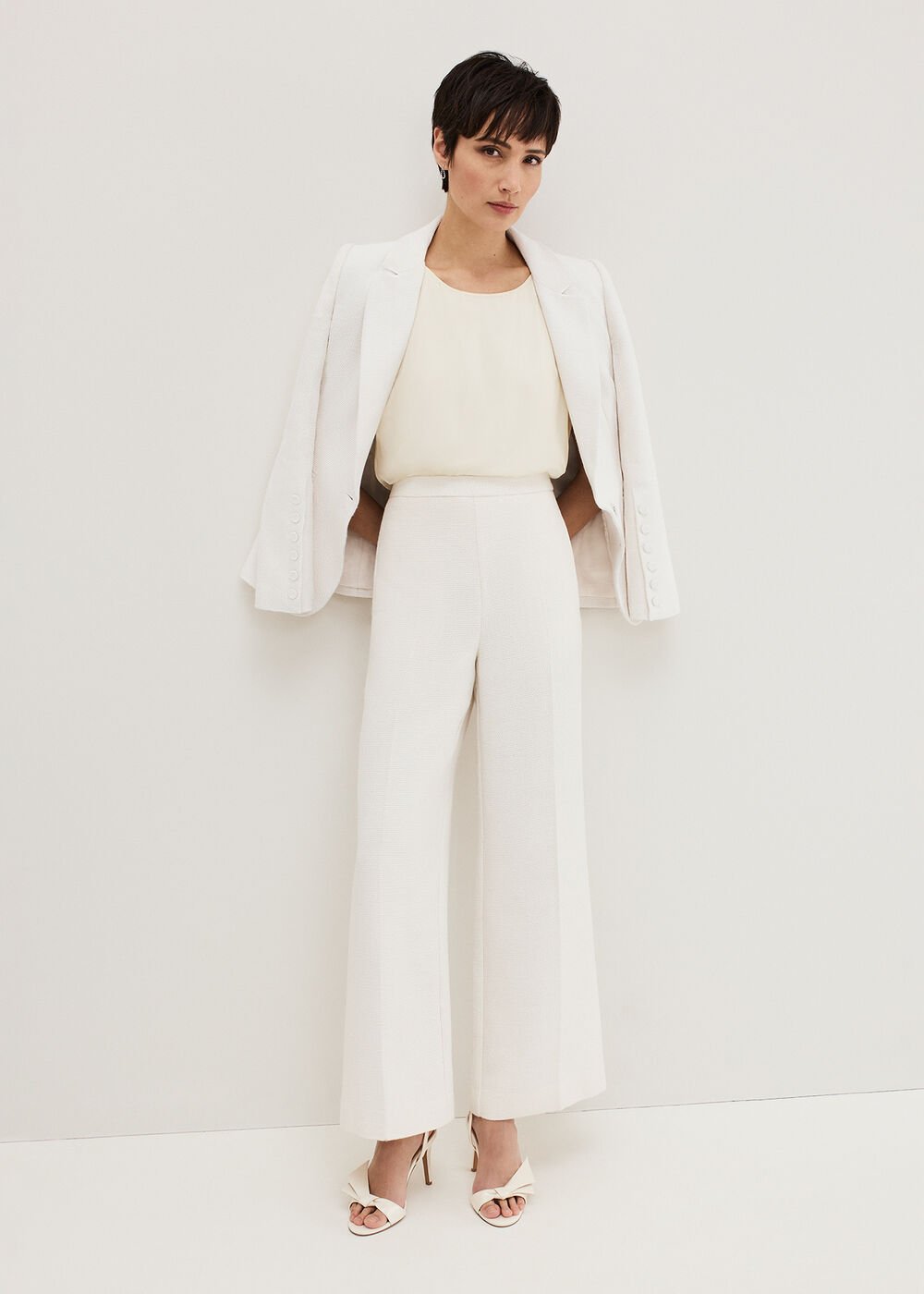 Bridgette Cream Textured Wide Leg Trousers - Ivory