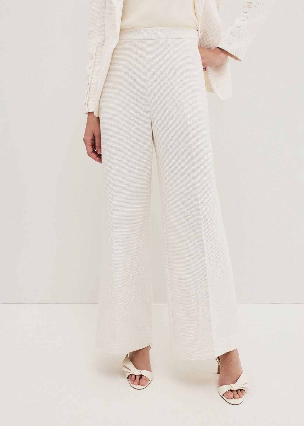 Bridgette Cream Textured Wide Leg Trousers - Ivory