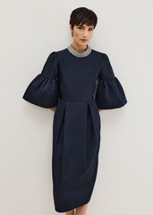 Audrey Jewelled Neck Navy Midi Dress - Navy