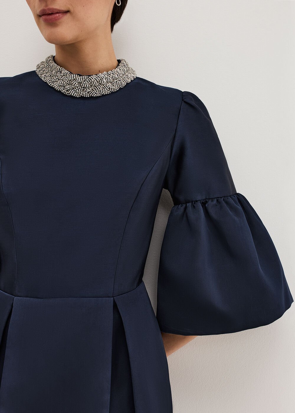 Audrey Jewelled Neck Navy Midi Dress - Navy