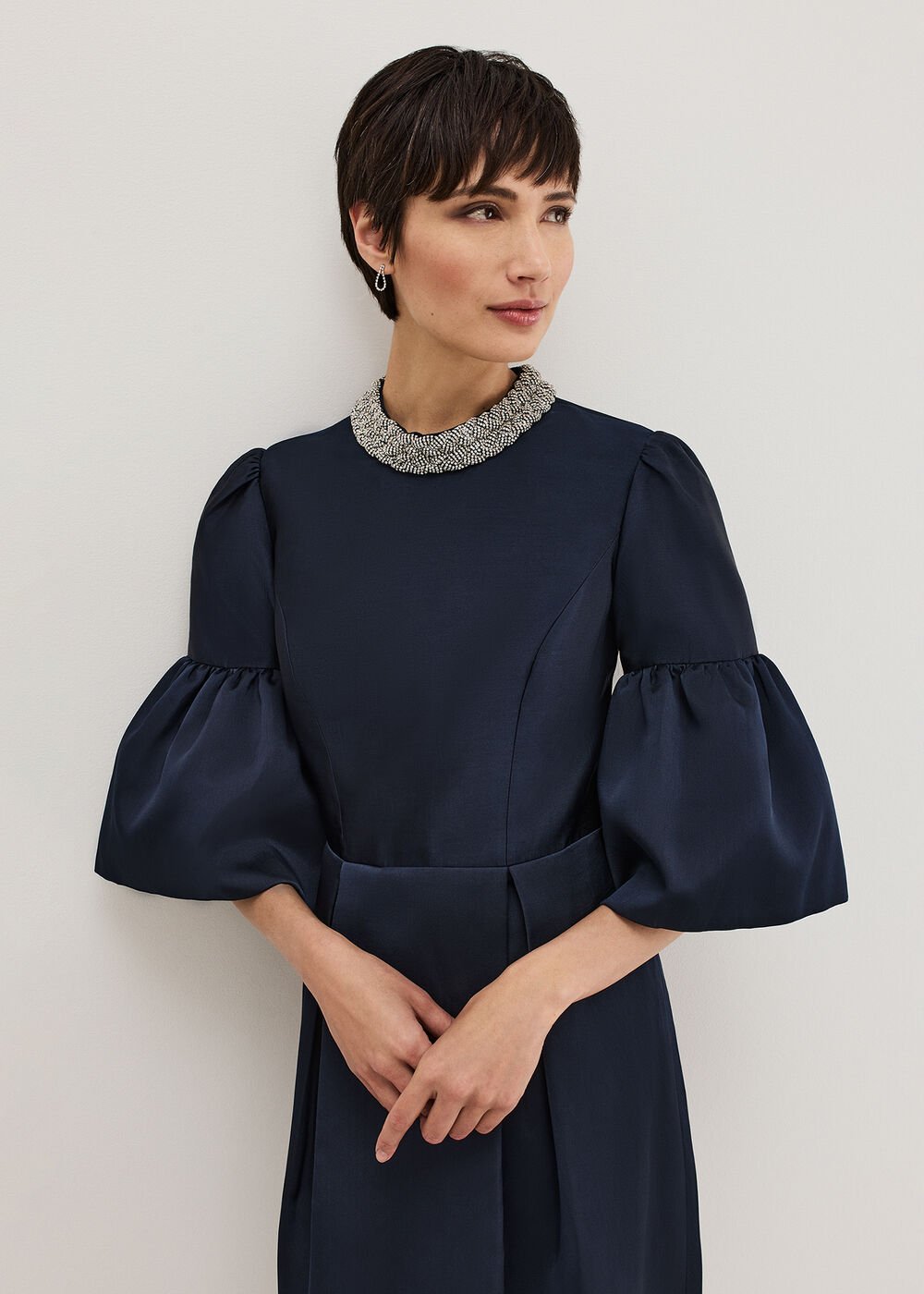 Audrey Jewelled Neck Navy Midi Dress - Navy