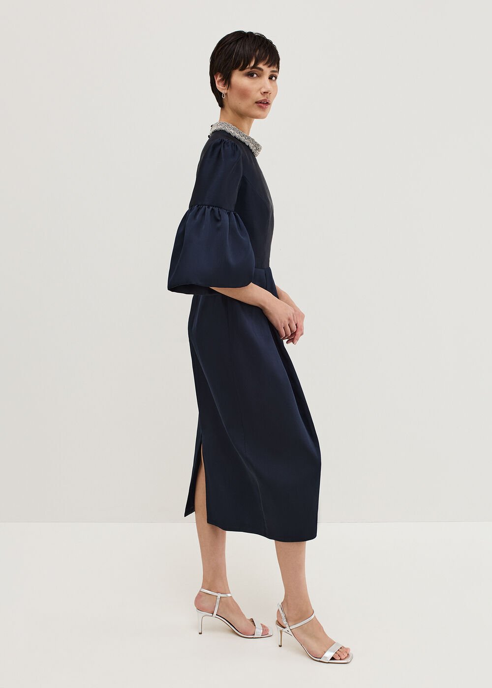 Audrey Jewelled Neck Navy Midi Dress - Navy