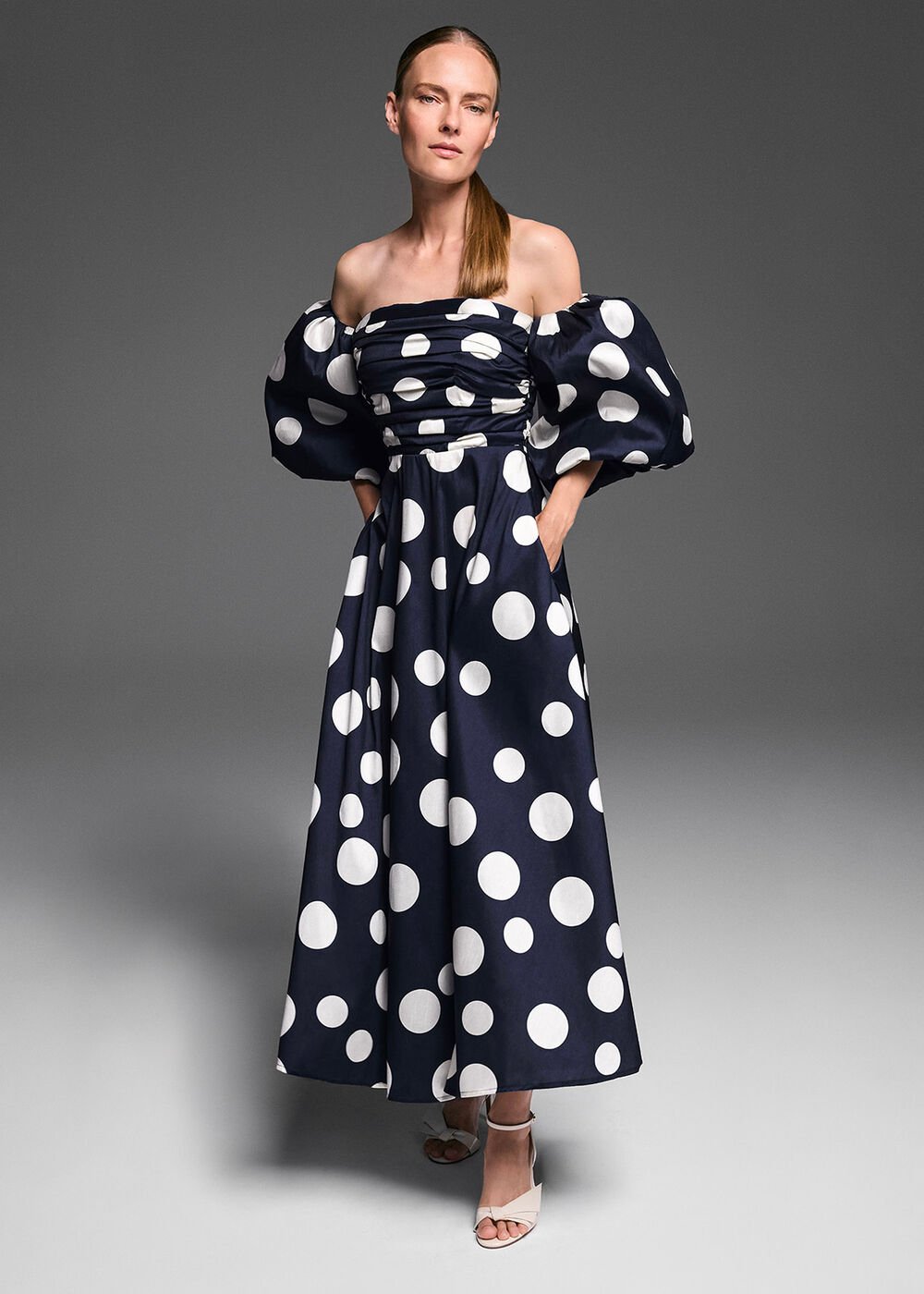 Marilyn Puff Sleeve Polka Dot Maxi Dress - Navy