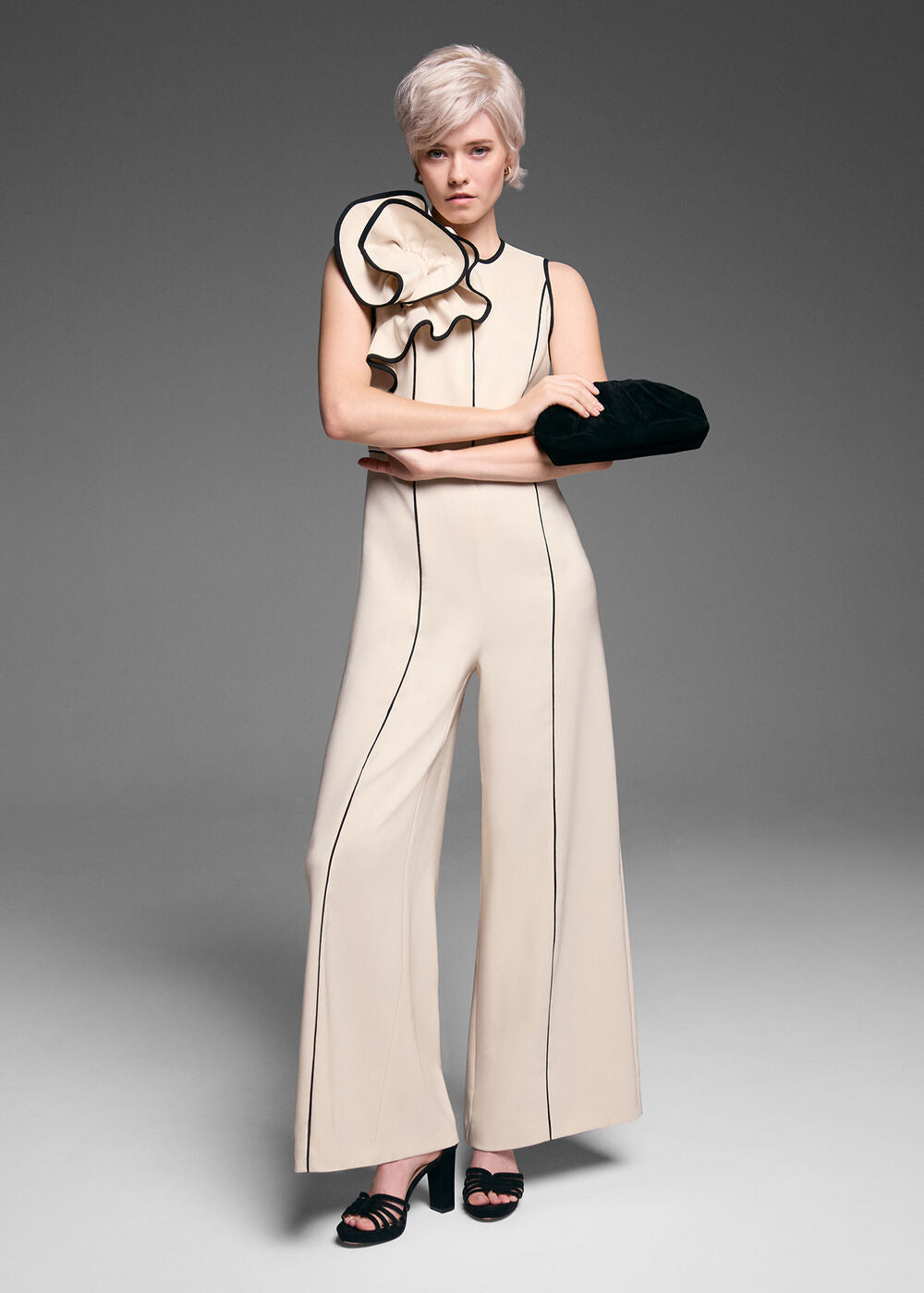 Lucille Ruffle Wide Leg Jumpsuit - Black/Ivory