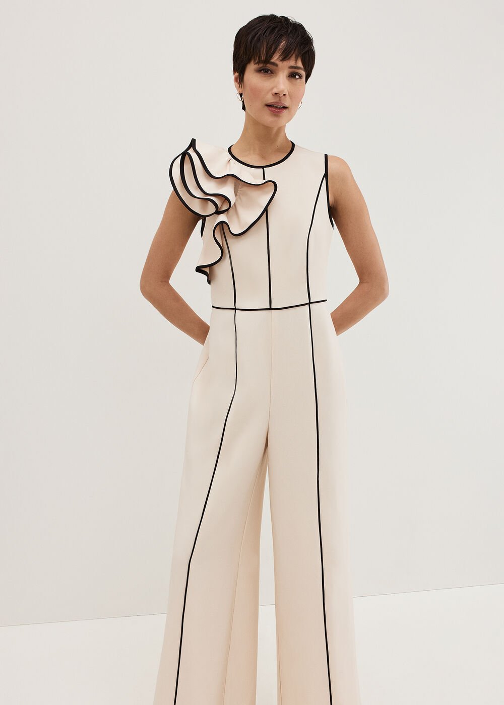 Lucille Ruffle Wide Leg Jumpsuit - Black/Ivory