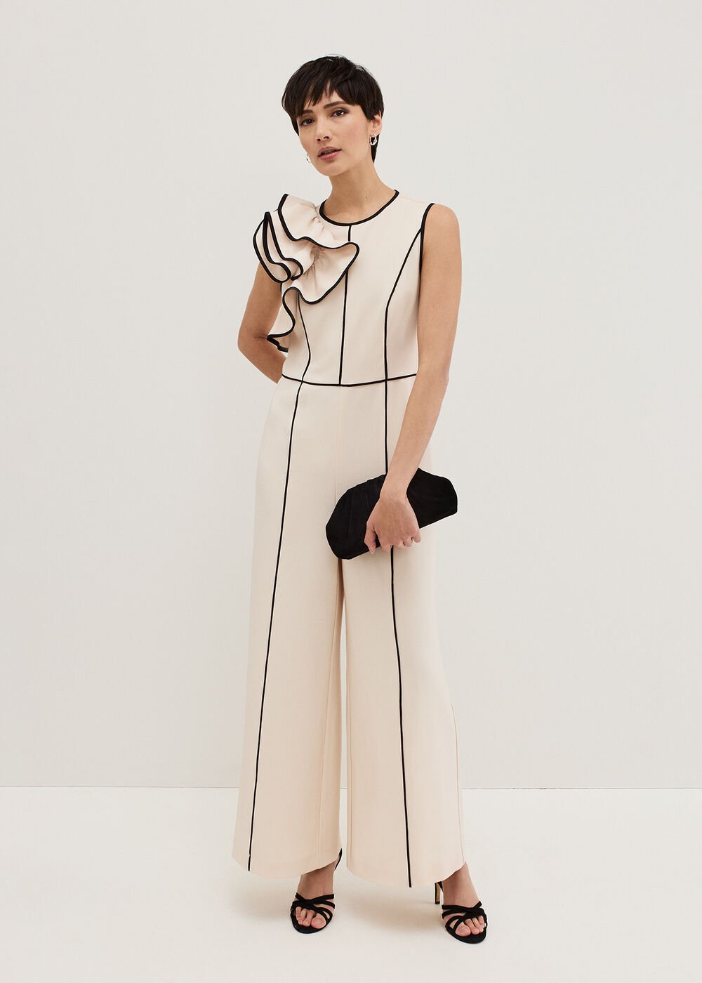 Lucille Ruffle Wide Leg Jumpsuit - Black/Ivory