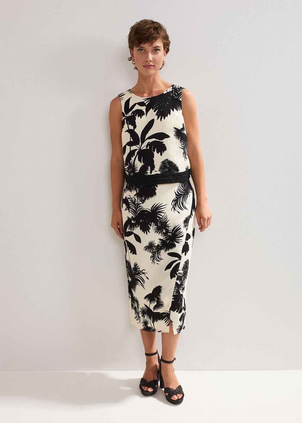 Vittoria Linen Blend Leaf Print Skirt - Black/Ivory