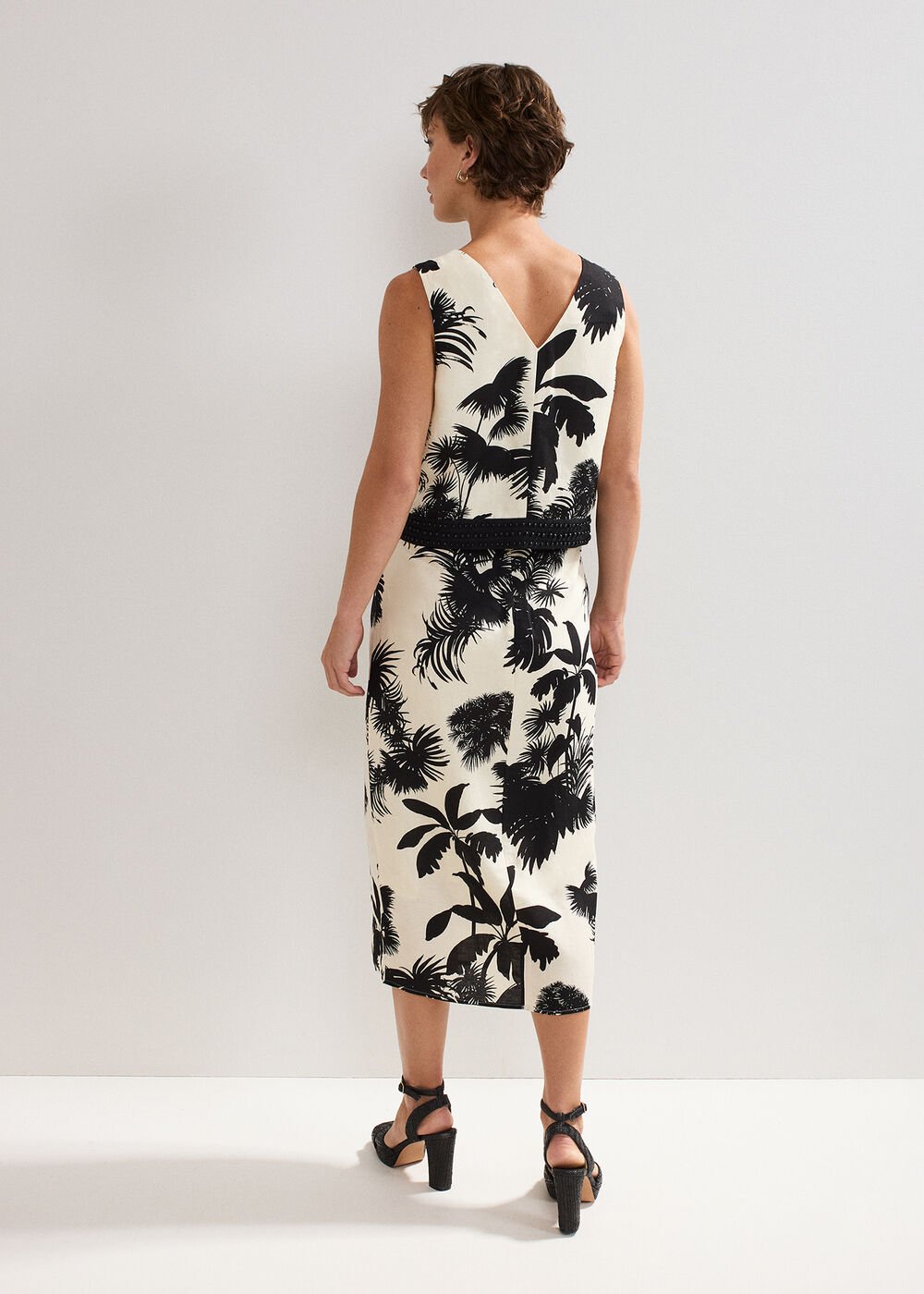 Vittoria Linen Blend Leaf Print Skirt - Black/Ivory