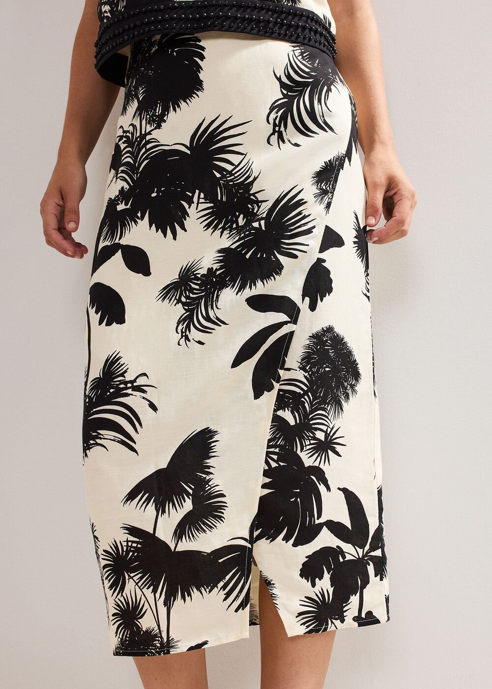 Vittoria Linen Blend Leaf Print Skirt - Black/Ivory