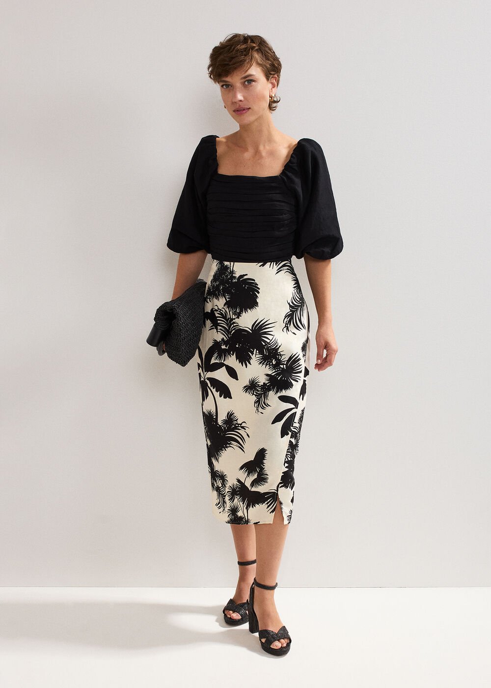 Vittoria Linen Blend Leaf Print Skirt - Black/Ivory