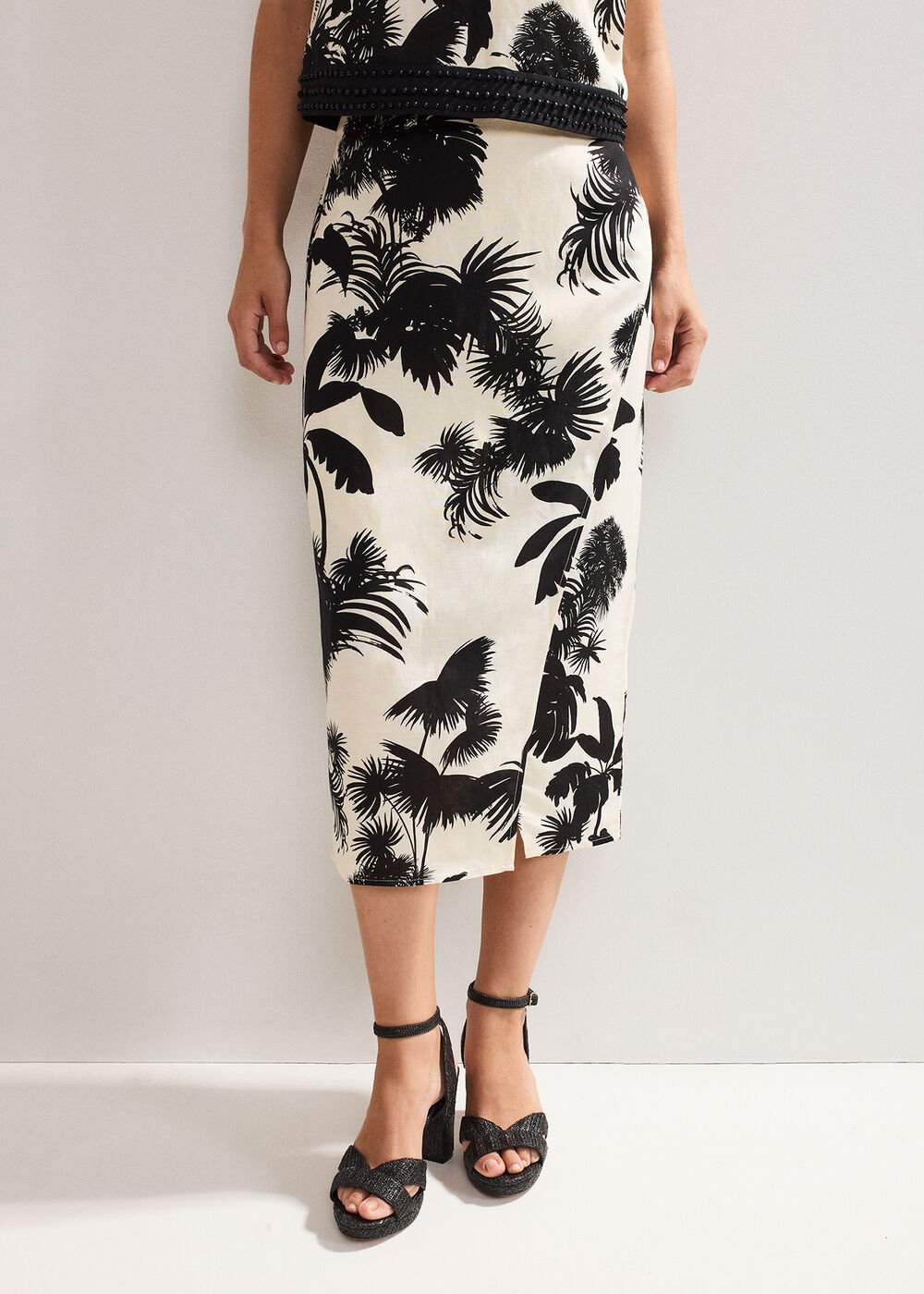 Vittoria Linen Blend Leaf Print Skirt - Black/Ivory