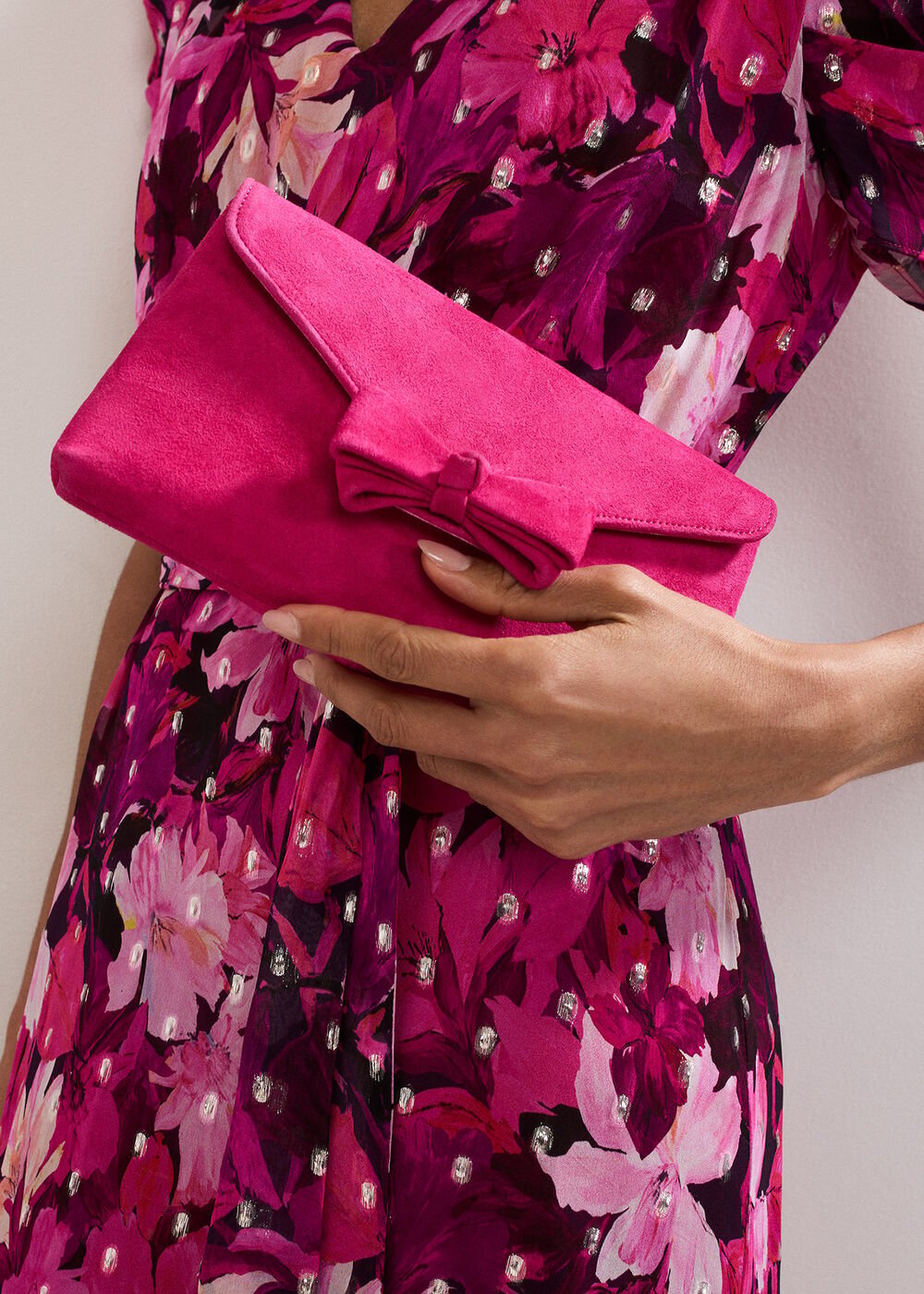 Suede Bow Front Clutch - Pink