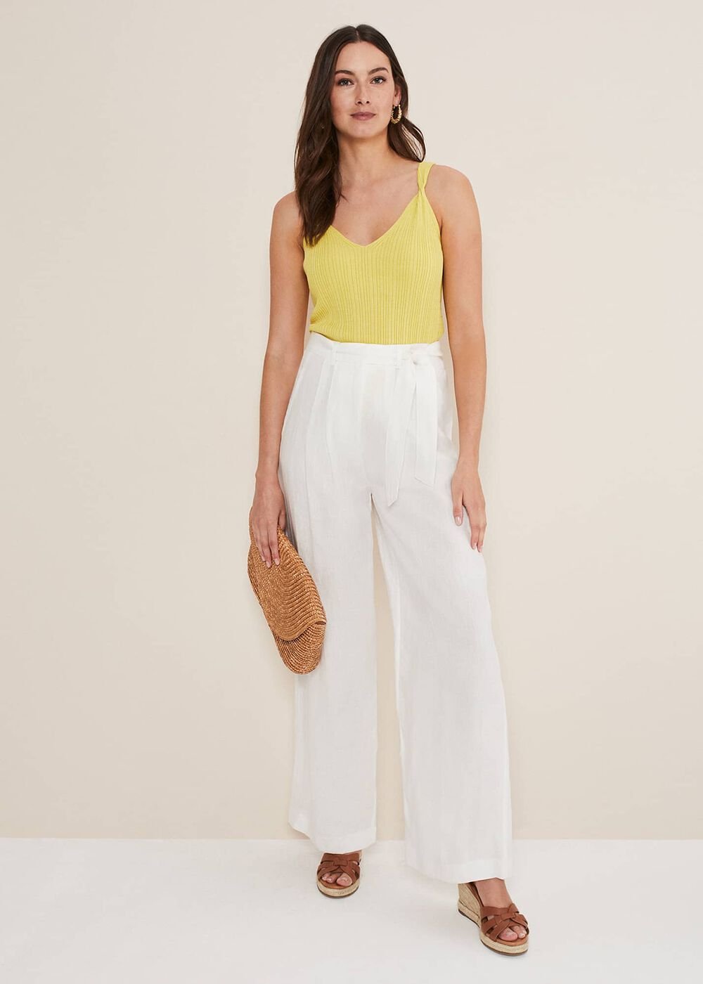Aaliyah White Linen Wide Leg Trousers - White