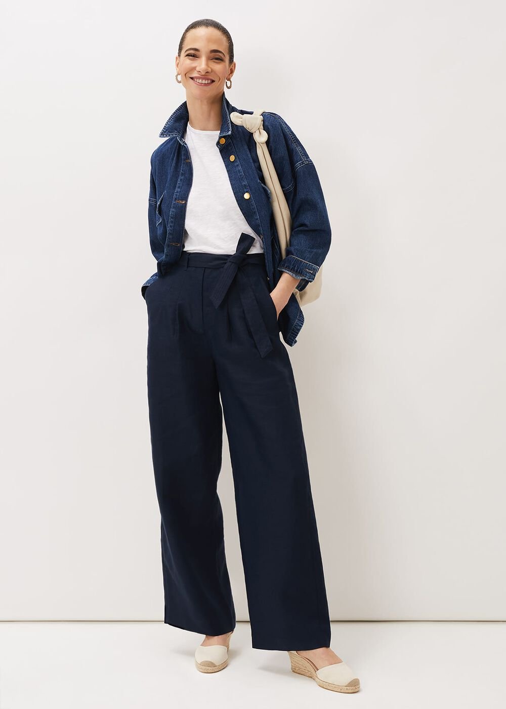 Aaliyah Navy Linen Wide Leg Trousers - Navy