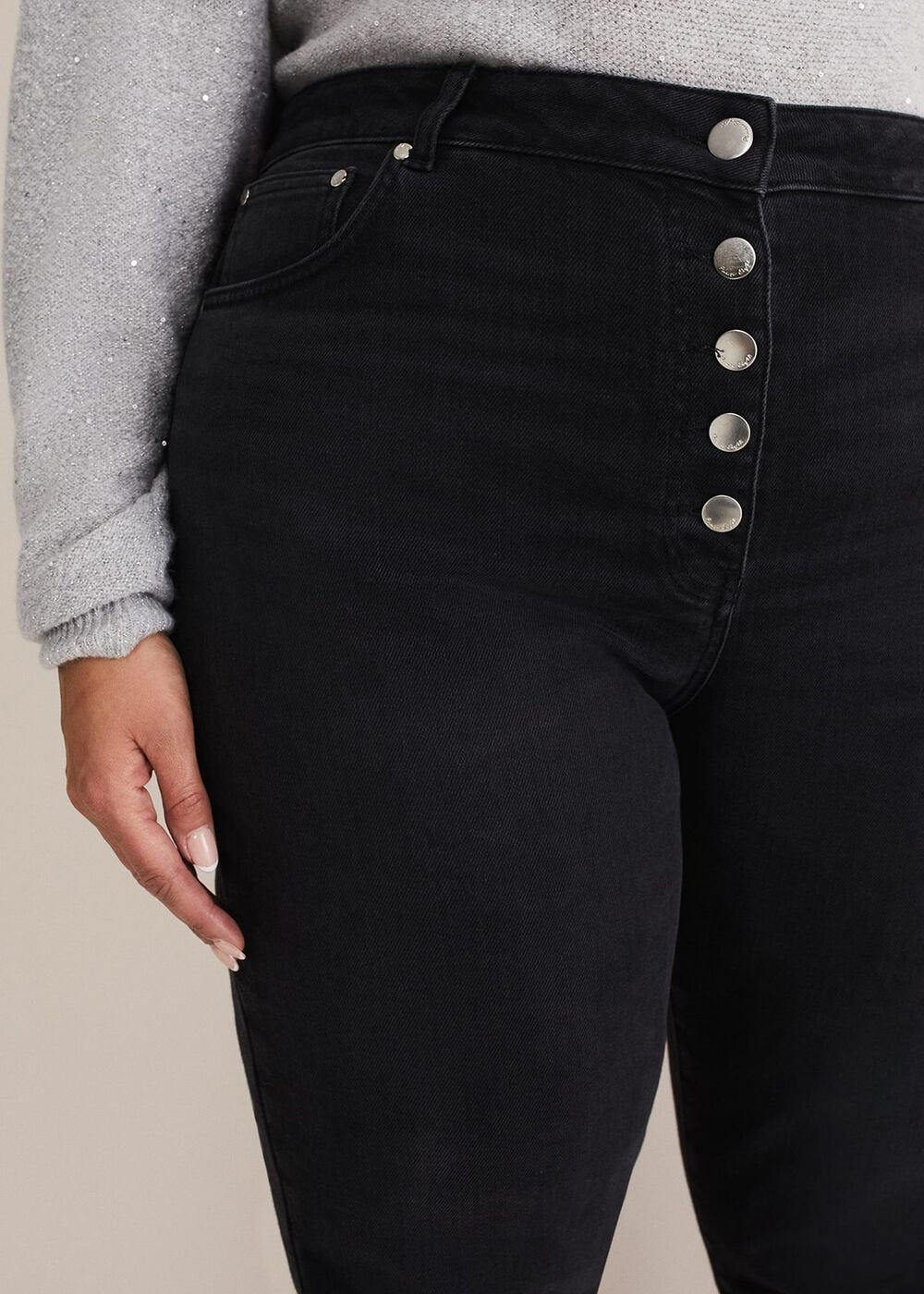 Karlie Button Through Corduroy Jeans - Black